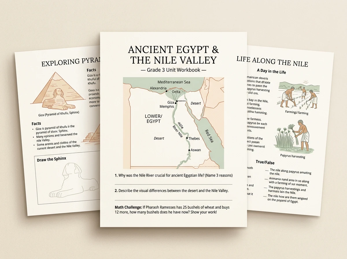 Personalized Grade 3 Ancient Egypt Homeschool Workbook PDF Preview